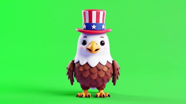 Patriotic Cartoon Eagle Wearing Top Hat 3D Render Isolated on Green Screen Background Symbolizing American Patriotism in Adorable Illustration with Cartoon Style Design for Fourth Of July Decoration