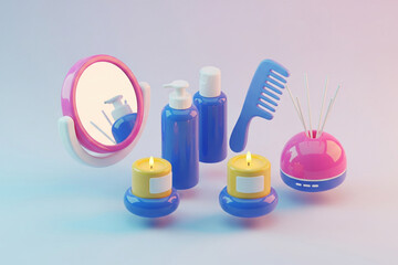 3D rendering of bathroom and personal care items including a pink mirror, two blue lotion bottles, a blue comb, two yellow lit candles, and a pink and blue aroma diffuser.