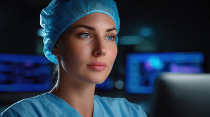 A focused female healthcare professional in scrubs and a surgical cap looks thoughtfully into the distance in a dimly lit medical environment.