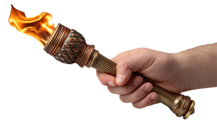 Hand holding a decorative flaming torch with intricate metalwork isolated on transparent background