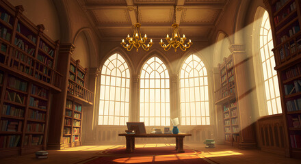 Fototapeta premium Luxurious chapel room with tall arched windows and warm lighting from chandeliers