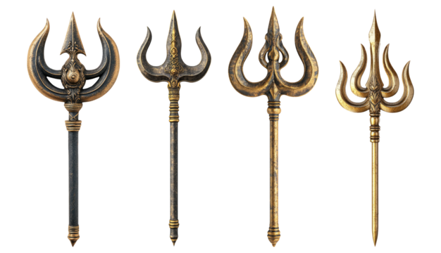 Collection of ornate tridents isolated on a transparent background