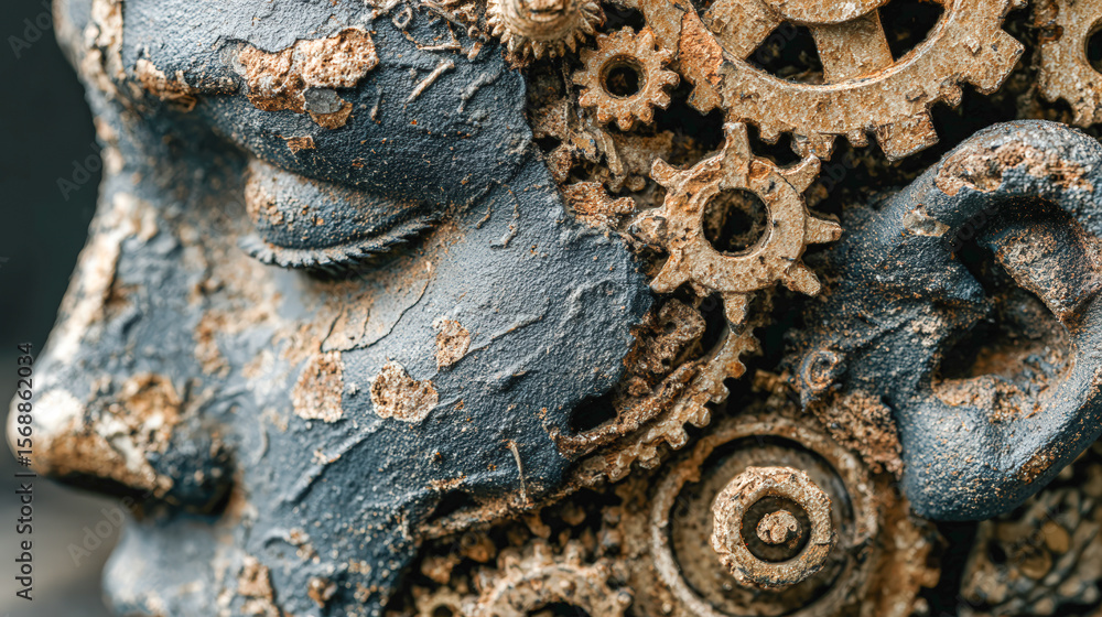 Poster a close-up of a rusty, mechanical face sculpture blending human features with intricate gears and co