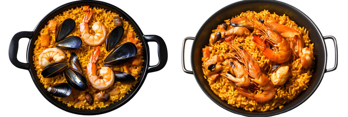 Delicious seafood paella in two pans served on a dark background, ready to eat