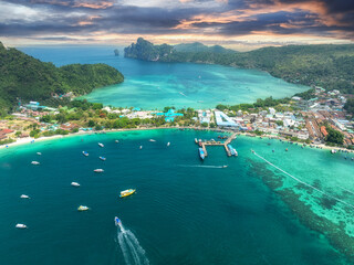 Aerial view of Phi Phi Island in Krabi Province, a tourist landmark of Thailand, a tropical...