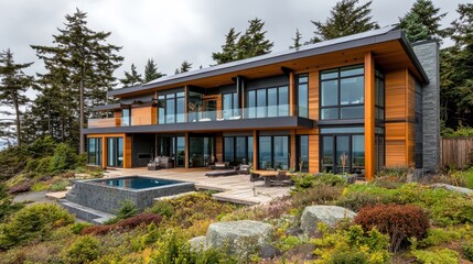 Fototapeta premium Modern eco-friendly home with solar panels and large windows