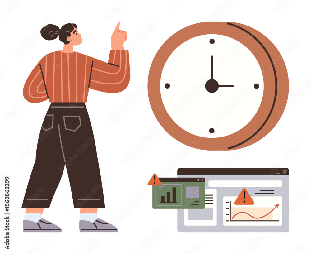 Poster woman pointing upward stands near a clock and screens showing data charts with warning signs. ideal 