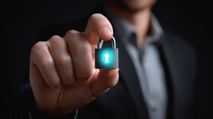 A person in a suit holds a small glowing padlock, symbolizing security and protection of information.