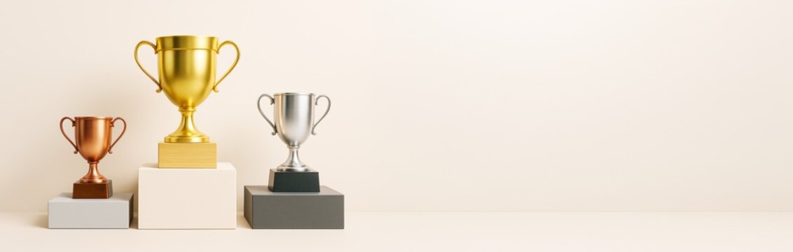 Bronze, silver, and gold trophies on podium blocks with empty space on light background for sport achievement mockup or advertising concept.