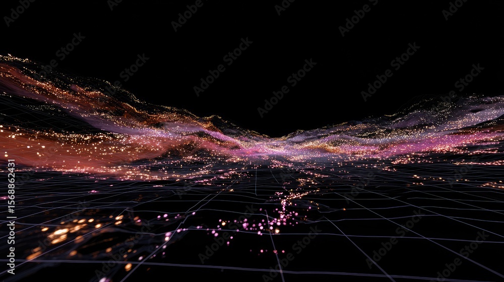 Poster abstract digital landscape with vivid colors and light patterns