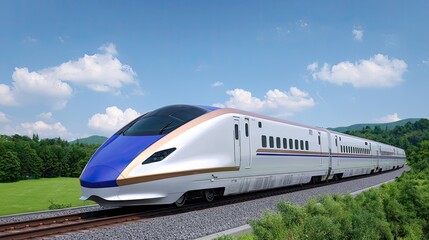 Fototapeta premium Modern High-Speed Train on Tracks with Scenic Background