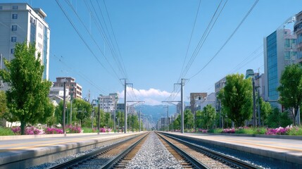 Urban Train Track Perspective with Blue Sky and Greenery