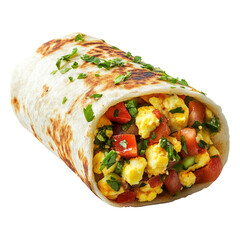 Delicious breakfast burrito filled with scrambled eggs, tomatoes, and herbs