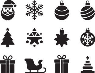 Black Christmas Icons on White Background

