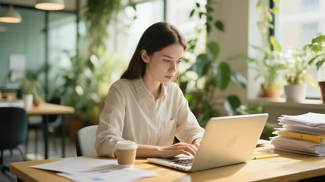 Focused Young Professional Working on Laptop in Modern Office