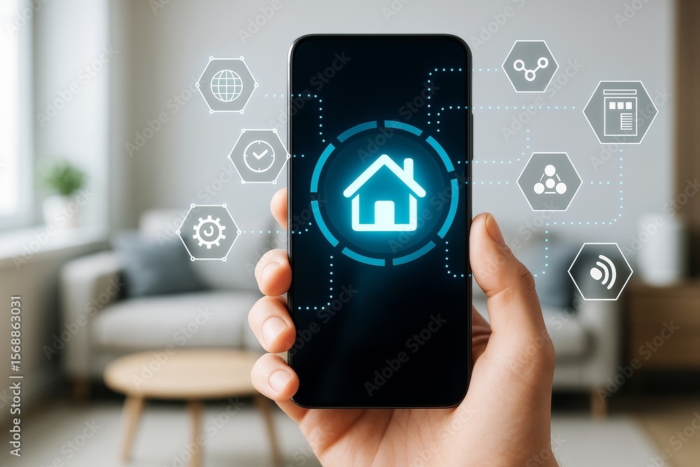 Poster hand holding smartphone with smart home interface and icons, futuristic technology concept in modern