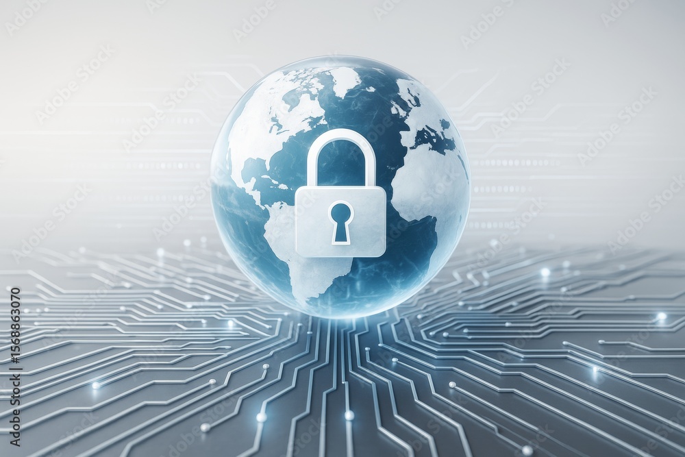 Poster Global cybersecurity concept with digital earth and padlock symbol on futuristic circuit board background representing data protection and privacy.