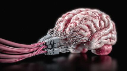 A human brain connected to multiple Ethernet cables, symbolizing technological integration or cybernetic connectivity.