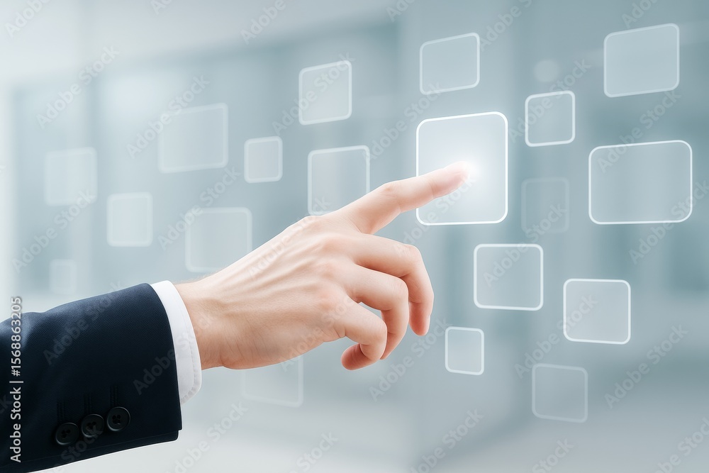 Poster Business hand touching glowing digital interface button on transparent futuristic screen with tech icons on light blue blurred background.