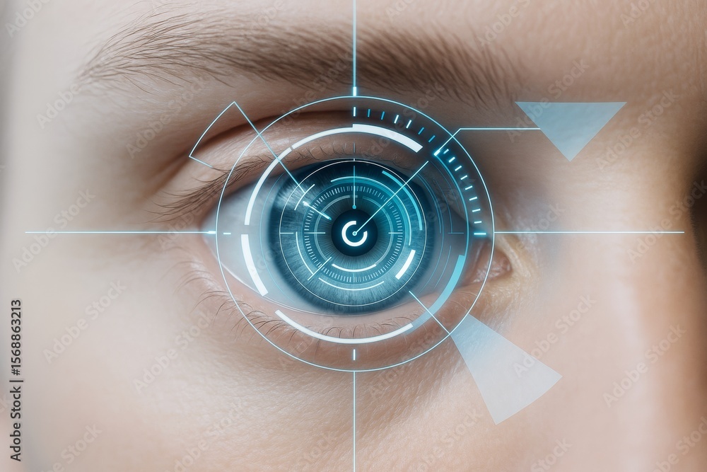 Poster futuristic digital eye scan interface with glowing blue hud elements over human eye for biometric id