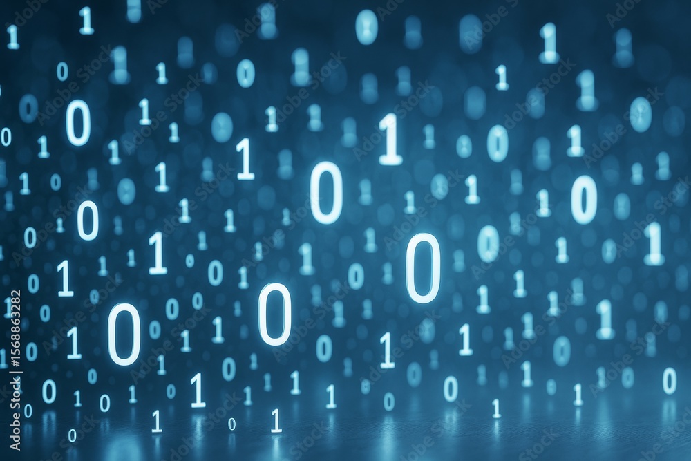 Aufkleber Glowing binary code digits floating in a digital space with blue light, representing futuristic technology and data background concept..