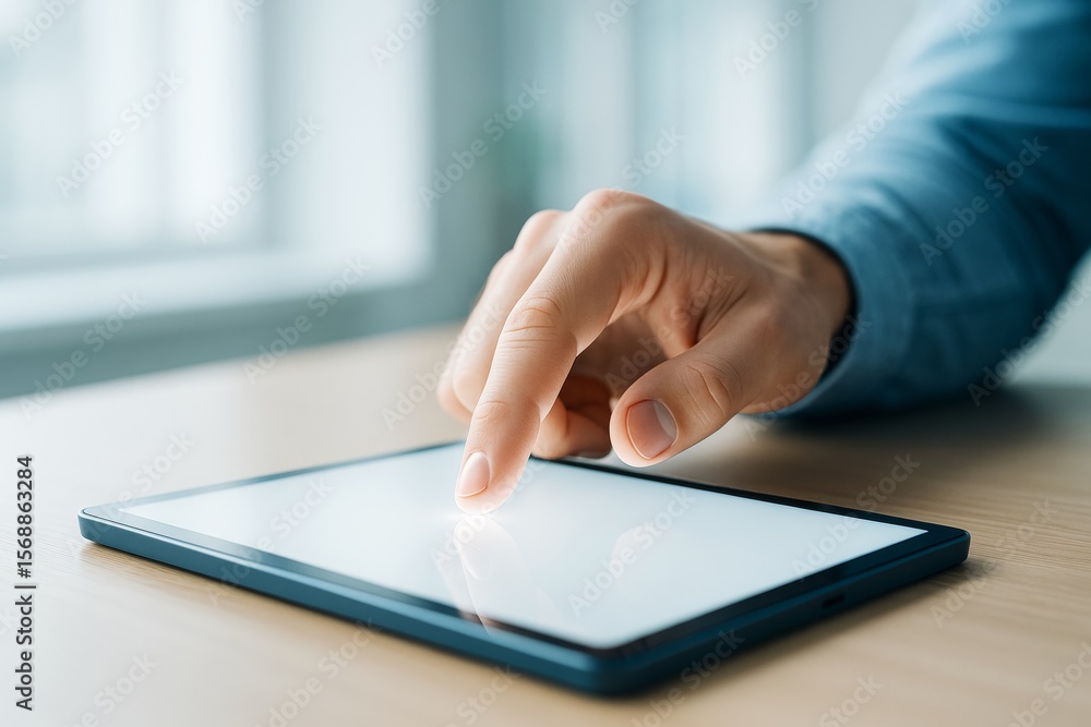 Poster Close-up of hand using tablet touchscreen with finger on a wooden desk in modern tech office with bright background light atmosphere. Ai generative.