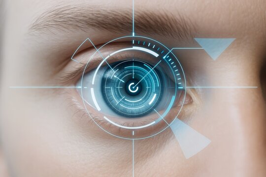 Futuristic digital eye scan interface with glowing blue HUD elements over human eye for biometric identification and cyber technology concept.