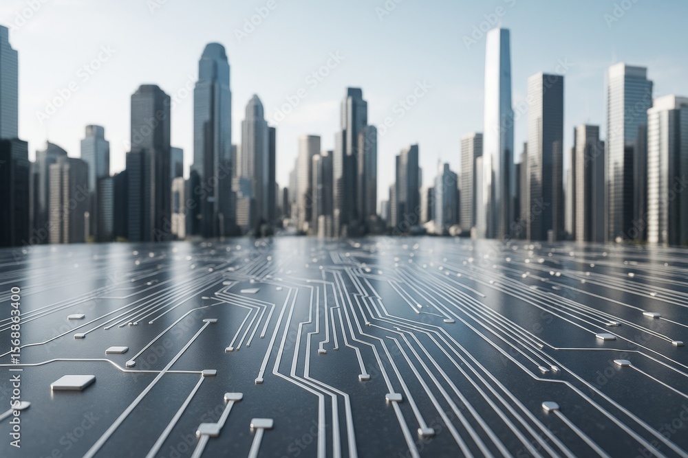 Poster Futuristic city skyline with circuit board surface symbolizing modern tech infrastructure and smart business connectivity background light concept.