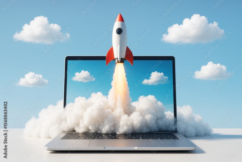 Poster rocket launching from laptop screen with clouds, symbolizing technology innovation and startup conce