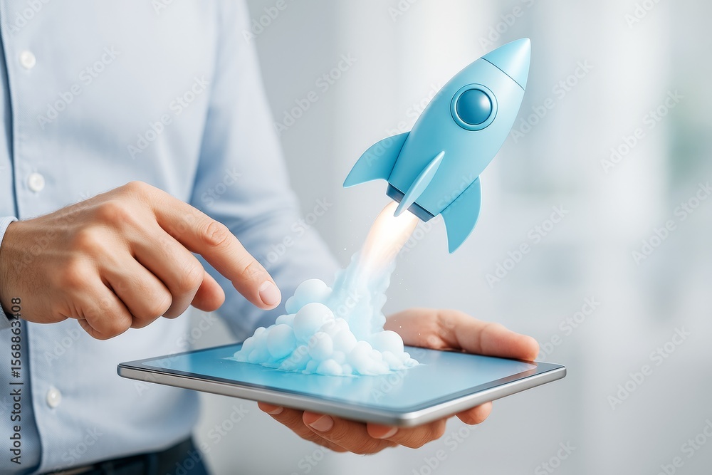 Poster Futuristic rocket launch from tablet symbolizing startup and innovation concept in modern technology environment with light background focus.