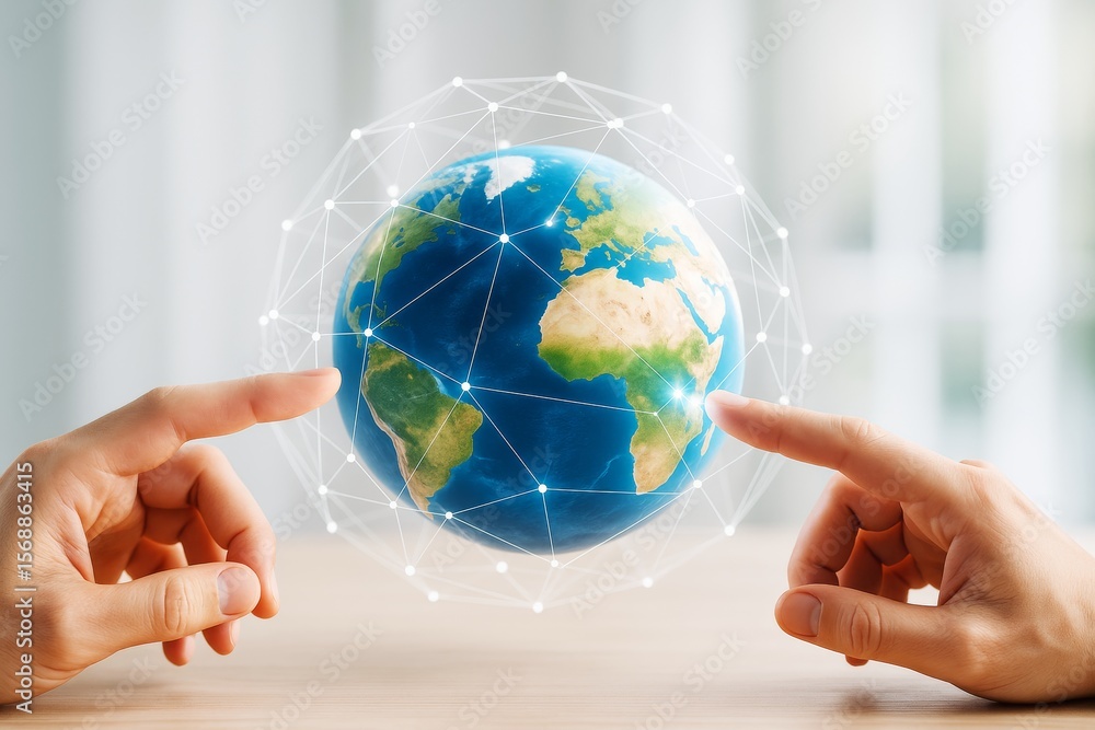 Poster Digital global network concept with hands pointing at Earth surrounded by connected dots on light background in futuristic business style.