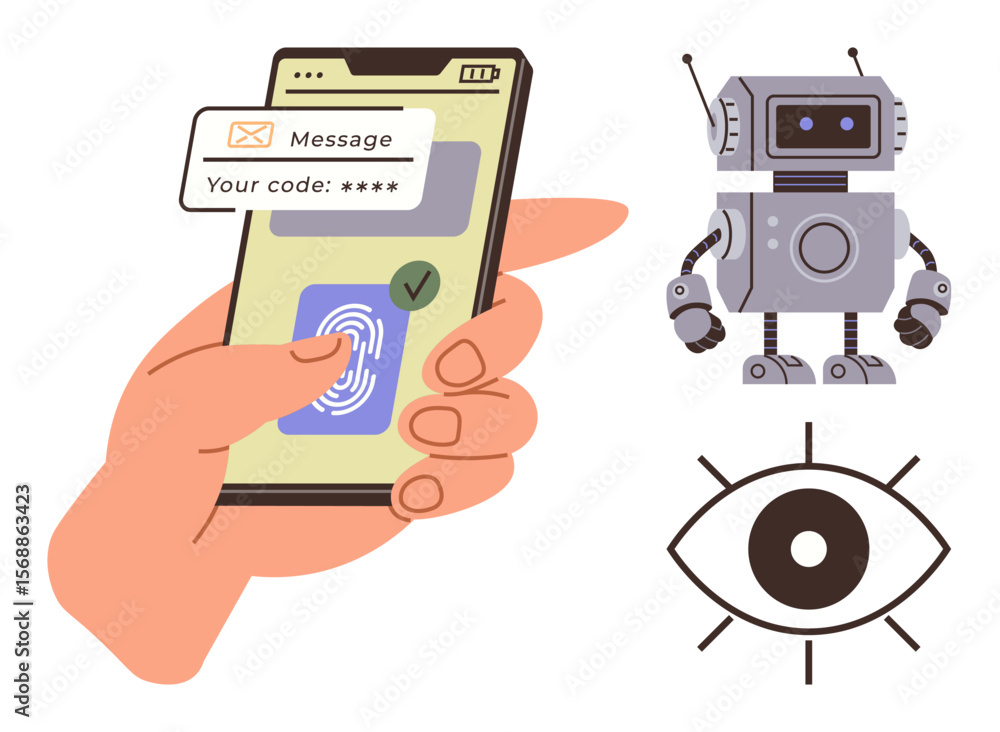Poster hand scanning fingerprint on phone for access, verification code on screen, robot symbolizing ai, an