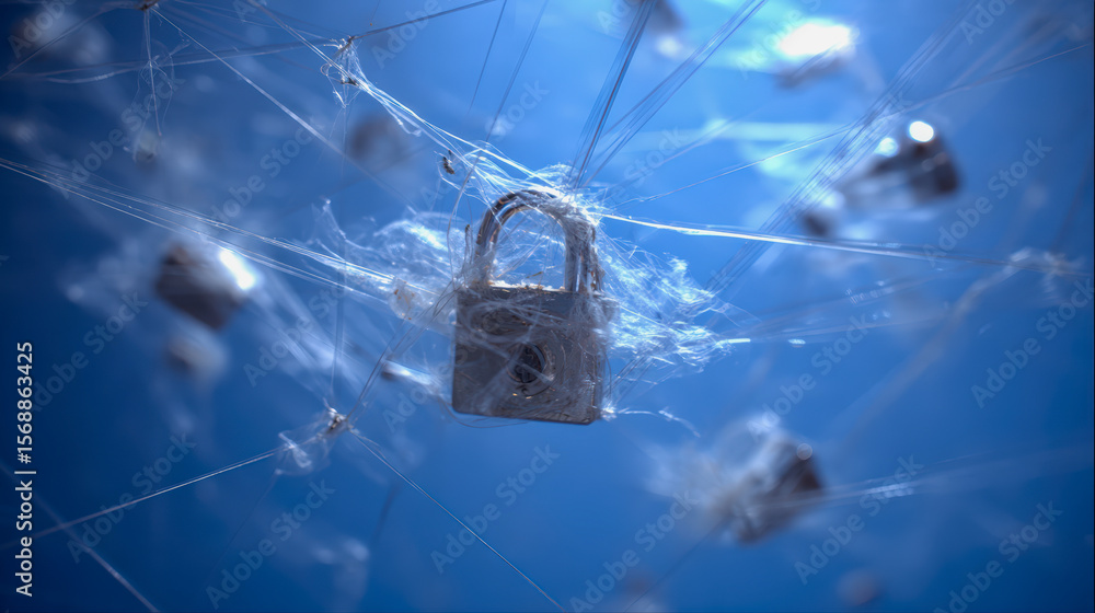 Poster a rusty padlock entangled in delicate spider webs against a blurred blue background, highlighting de