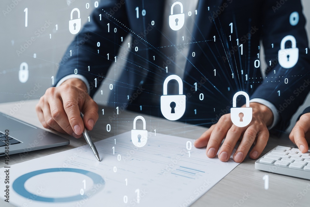 Poster Business professionals analyzing financial data with cybersecurity lock icons and binary code overlay on a digital technology background concept light.