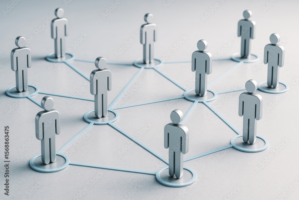 Poster Network of connected metallic human figures symbolizing team communication and digital link on light background in a modern tech concept.