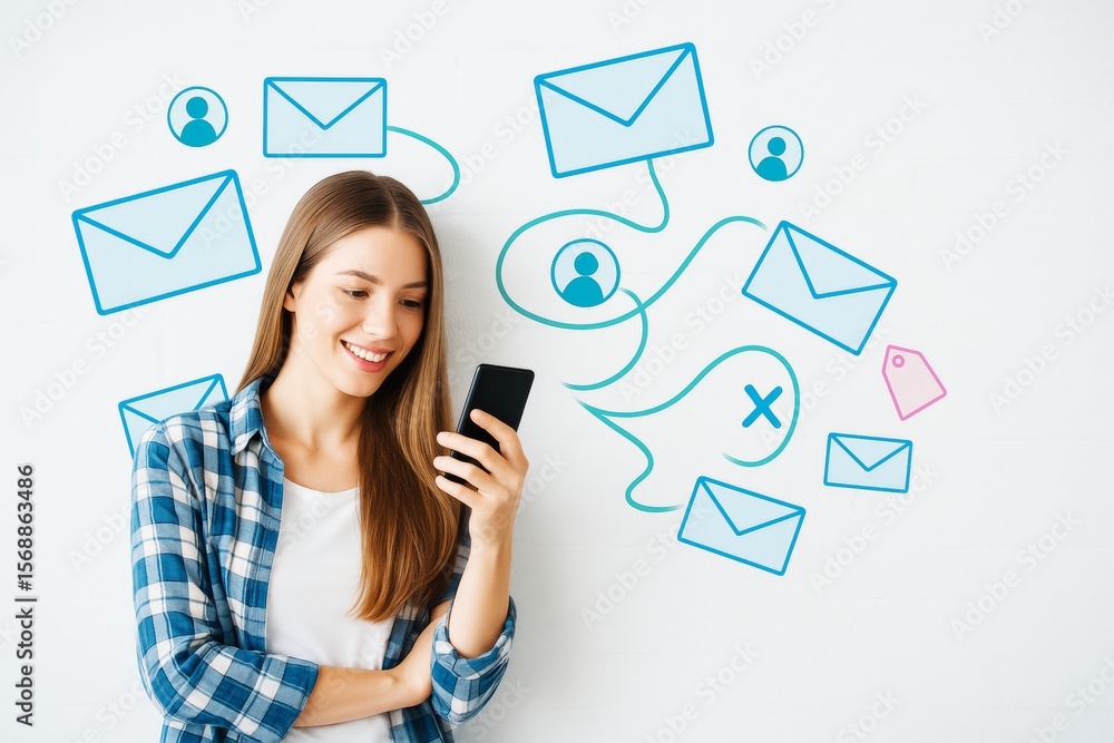 Poster Smiling young woman using smartphone with email and message icons around her on light background, symbolizing modern digital communication concept.
