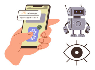 Hand scanning fingerprint on phone for access, verification code on screen, robot symbolizing AI, and eye for surveillance. Ideal for security, technology, privacy, AI, authentication innovation