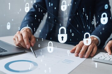 Business professionals analyzing financial data with cybersecurity lock icons and binary code overlay on a digital technology background concept light.