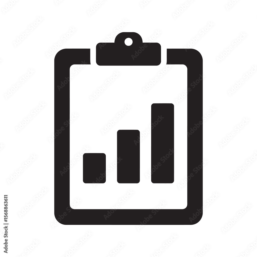 Poster business analytics solid icon showing a data report on a clipboard with a bar graph for market resea