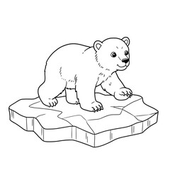 A playful cartoon polar bear cub stands on cracked ice with a cheerful expression, drawn in black-and-white line art. © bima