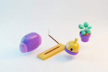 3D rendering of meditation and relaxation items including a purple bell, a yellow incense holder with a burning stick, a small potted plant, and a large purple abstract shape.