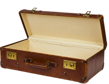 Vintage brown leather suitcase open with worn texture isolated on transparent background