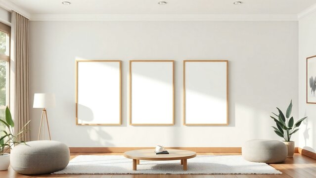 Modern living room with three blank frames and natural light