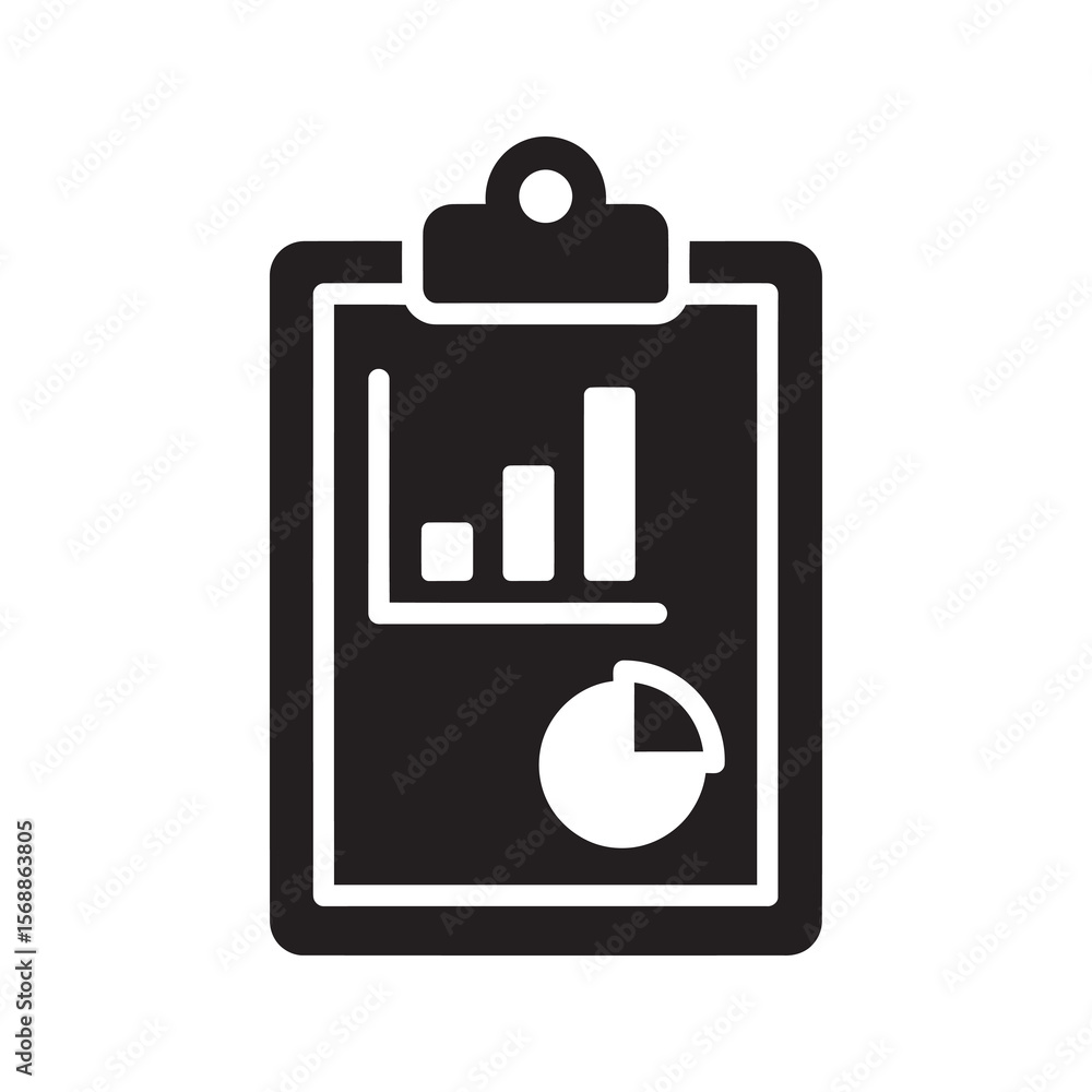 Poster financial report solid glyph icon showing data analysis on a clipboard with a bar graph and pie char