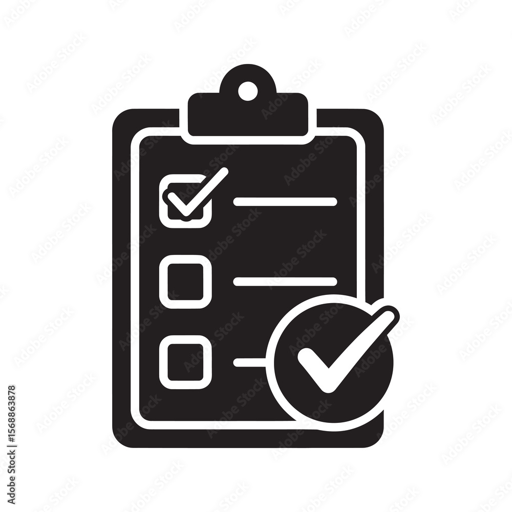 Poster completed checklist solid icon on a clipboard with a checkmark for successful task management and pr