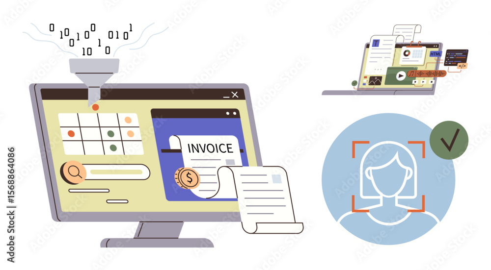 Poster computer screen displaying invoice processing, calendar, data funneling, document generation, and ai
