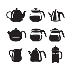 Nine Black Silhouettes of Teapots Coffee Pots and a Creamer on White Background Various Styles and Shapes of Beverage Containers