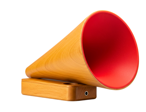 Retro style wooden speaker with red interior and charging port isolated on transparent background