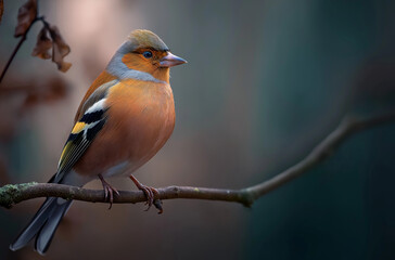 A chaffinch bird perched on a branch in a forest, photo-realistic