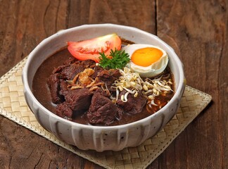 Rawon is a typical Indonesian dish originating from Ponorogo, East Java, which is a black meat soup with a mixture of special spices using kluwek.